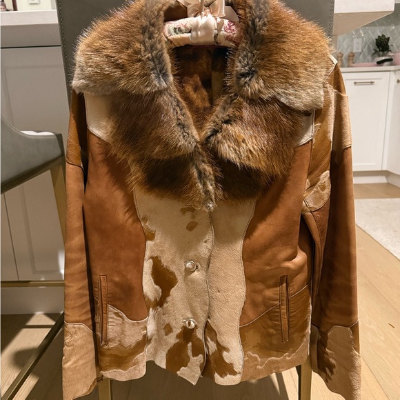 Cow Print, Brown Real Leather Jacket/Blazer With Fur Trim - Picture 2 of 9